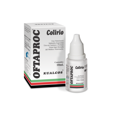 Frasco Oftaproc Colirio veterinario 10 ml – antibiótico ocular para perros y gatos.