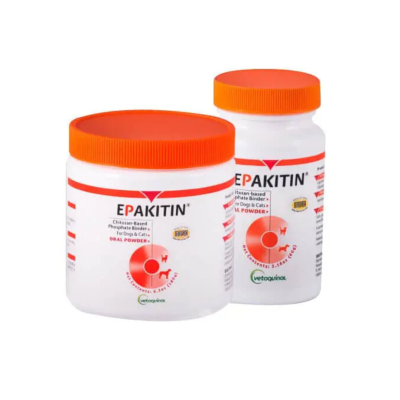 Frasco de Epakitin polvo para mezclar con alimento – suplemento renal para perros y gatos.